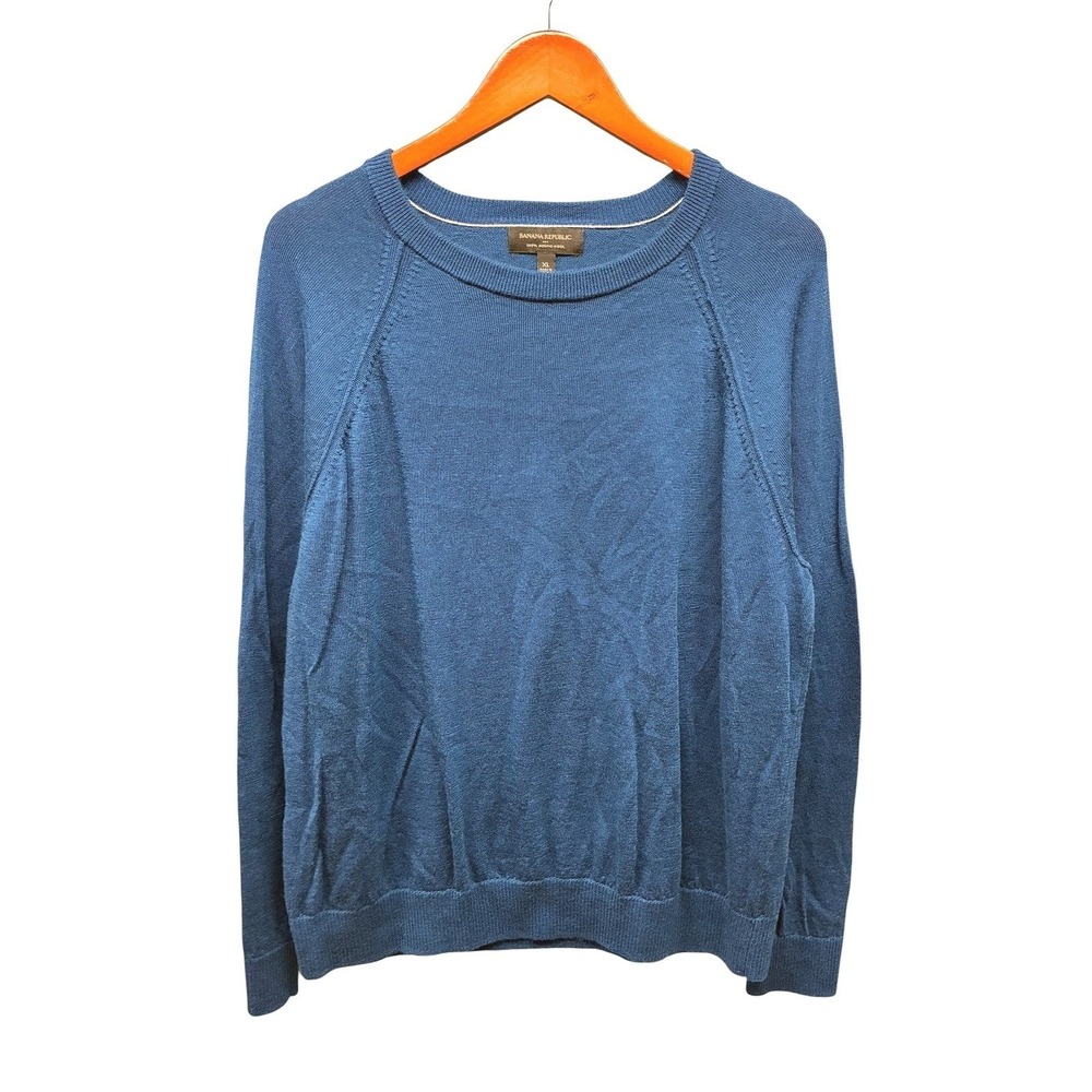 Banana Republic Merino Wool Sweater Mens XL Blue Raglan Crewneck Knit Business